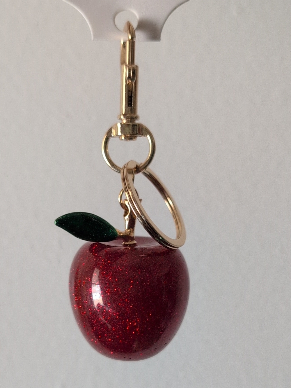 Sparkling Red Apple Keychain Bag Charm with Green Leaf